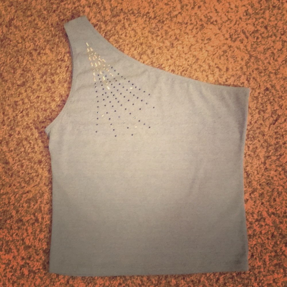 One Shoulder Light Blue Rhinestone Accent Top